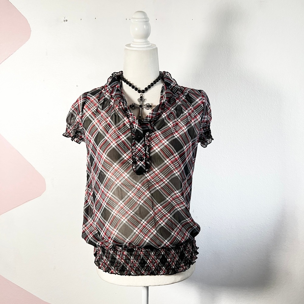 Vtg Y2K 2000s Plaid Top Women's Small Red Sheer Smocked Grunge Goth